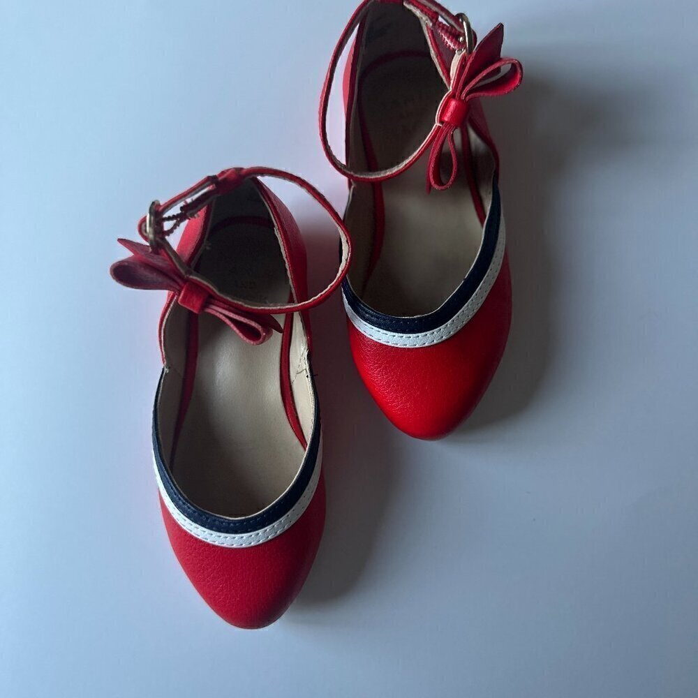Janie and Jack Girl's Pieced Ballet Flat. Red, white, Navy Blue. Size - 7